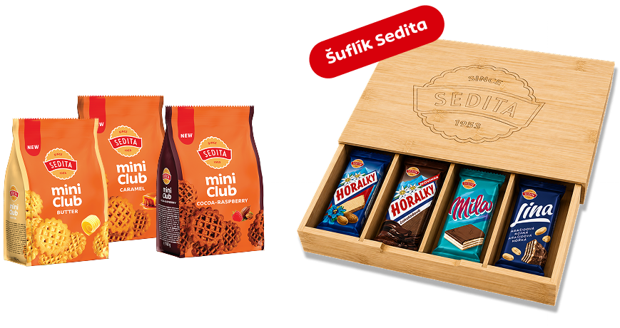Šuflík Sedita s produktmi Mini Club a sladkosťami Sedita